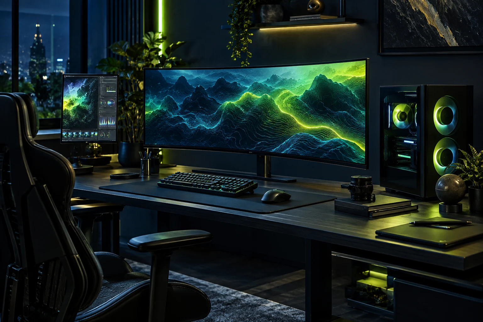 Setup gaming y creativo iluminado en lima y turquesa